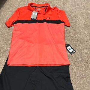 Under Armour Coral-Red Polo with Black Performance Shorts